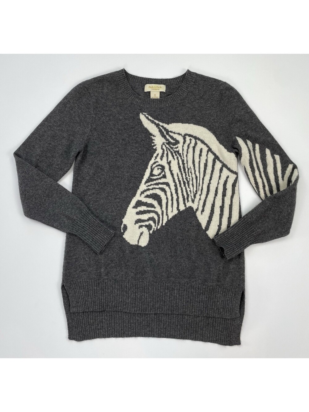 Peck & Peck 100% Cashmere Charcoal Grey Zebra Print Crewneck Sweater M